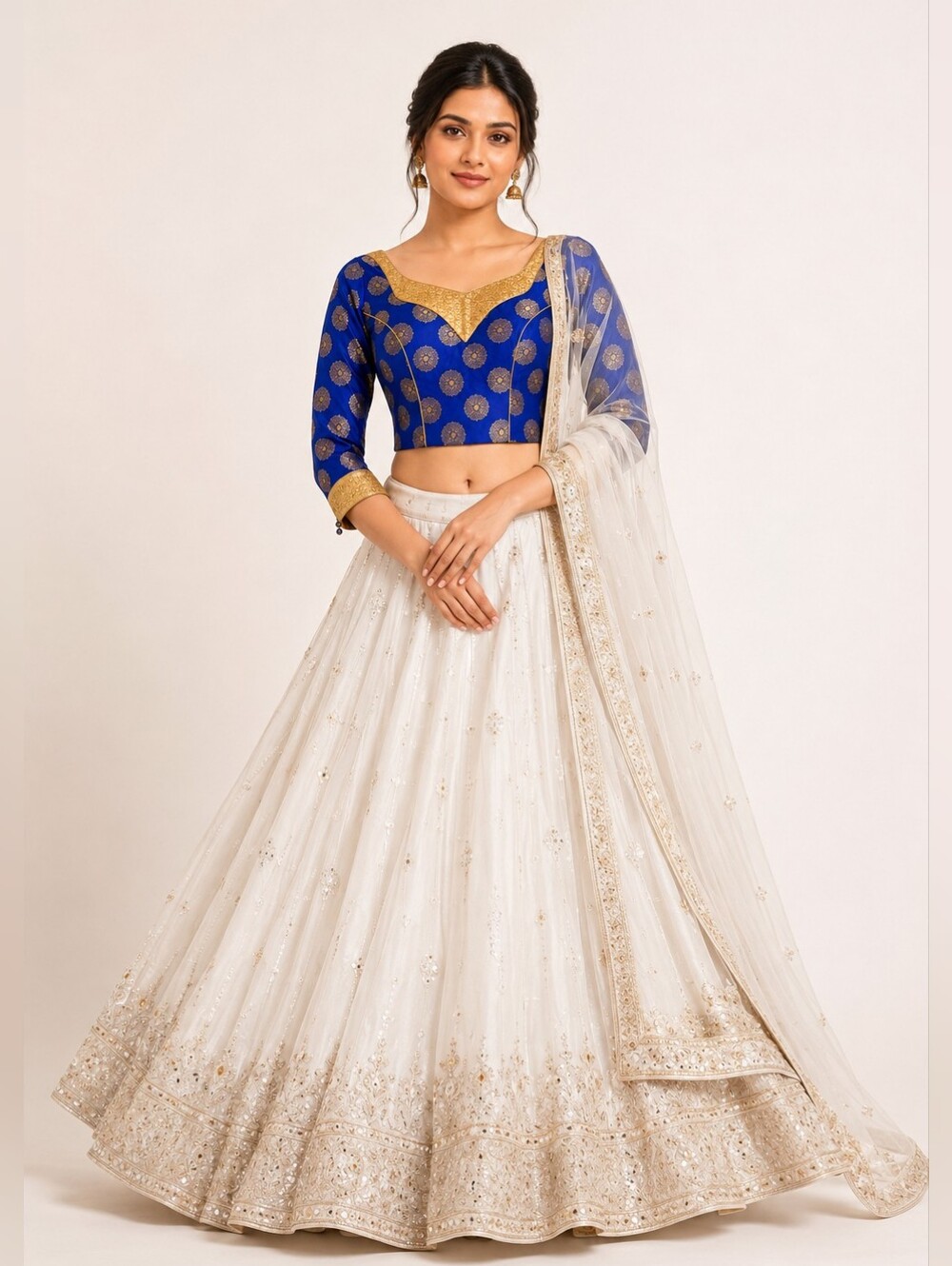 Royal Blue Dupion Silk Gold Brocade Saree Blouse SKIRT NOT INCLUDED